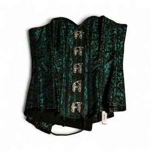 Elegant Green Brocade Full Corset with Metal Hook Clasps NWT